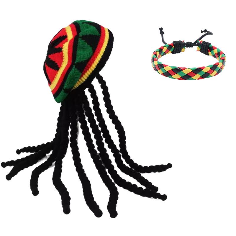 European Wool Knitted Rainbow Beret Dreadlock Wig for Halloween Reggae Style