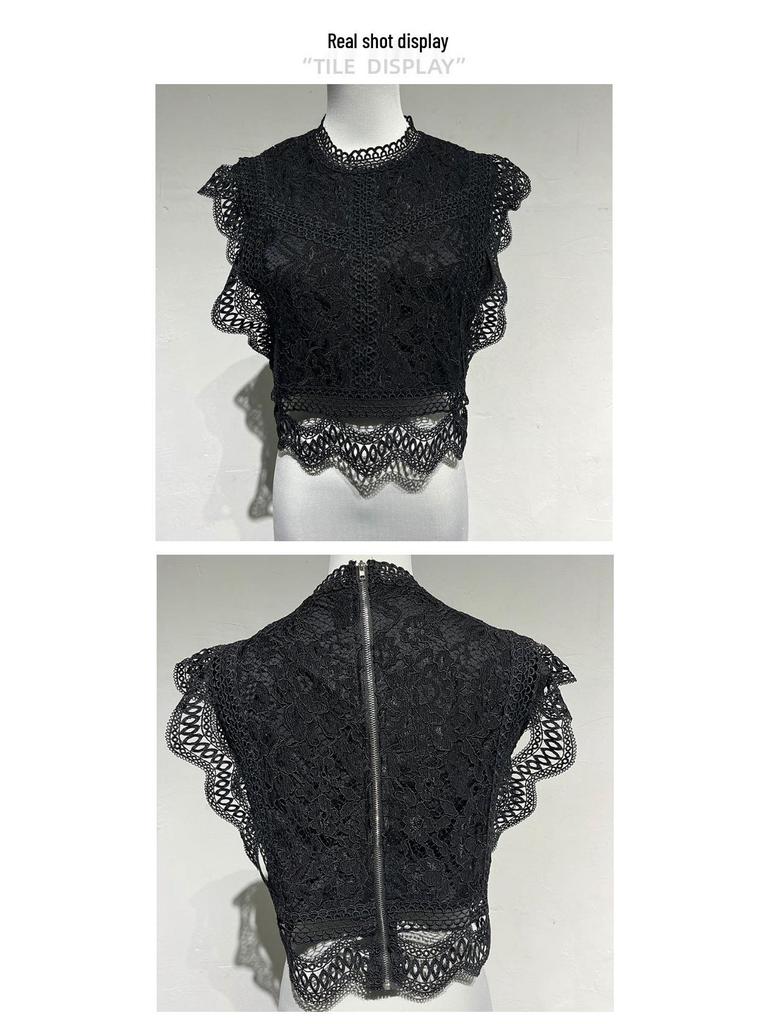 2024 Summer European & American Sexy Hollow-Out Geometric Lace Chiffon Blouse