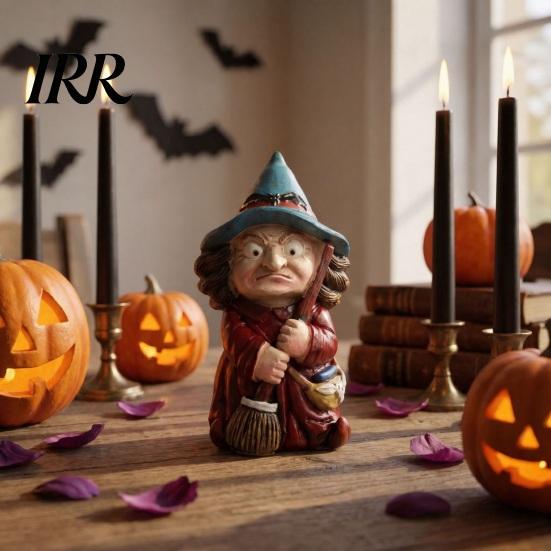 Hand-painted Halloween Figure Witch On Broomstick Resin Figurine, Gnome Statue with Wizard Hat, Decoration Vintage Spooky Decor for Shelf Desk Table,