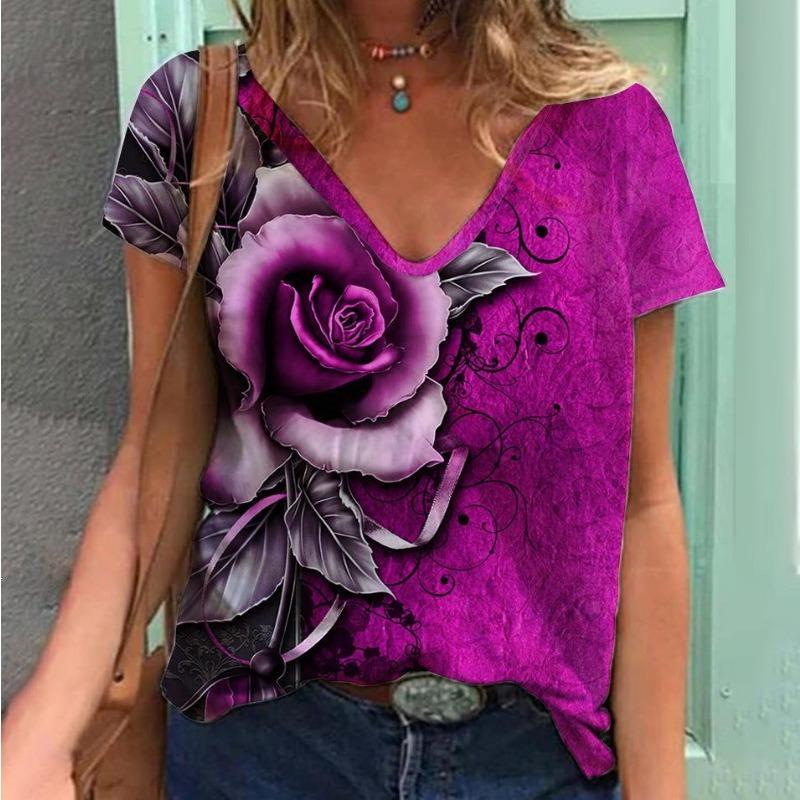 Women's Retro Rose 3D Digital Print Summer Loose Quick Drying T-shirt V-neck Women's Clothing Shirt