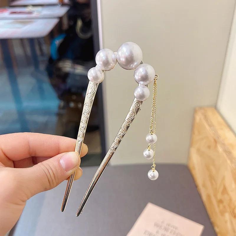 New Retro Temperament Pearl U-shaped Hairpin Pill Head Plate Hair Ware Hairpin Hairpin Headwear