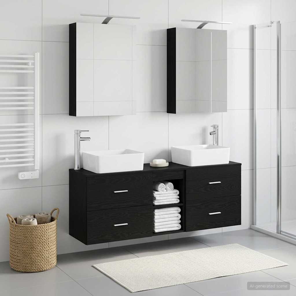 5 Piece Bathroom Furniture Set Black Oak Engineered Wood and Glass