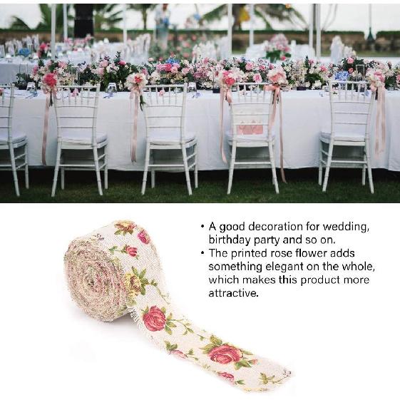 Burlap Ribbon, 32.8ft Long x 2.0in Wide Rose Flower Printed Burlap Ribbon Hessian Jute Belt Strap Wedding Cloth Decoration