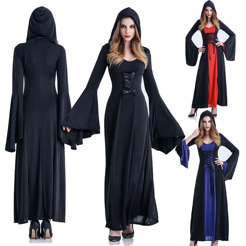 Enchanting Women Gothic Hooded Witch Wizard Dress With Flared Sleeves And Lace Up Design