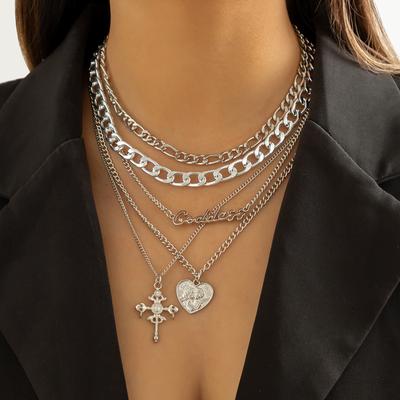 Accessories, Personalized Retro Letter Chain Necklaces, Retro Multi-layer Relief Cross Portrait Necklaces