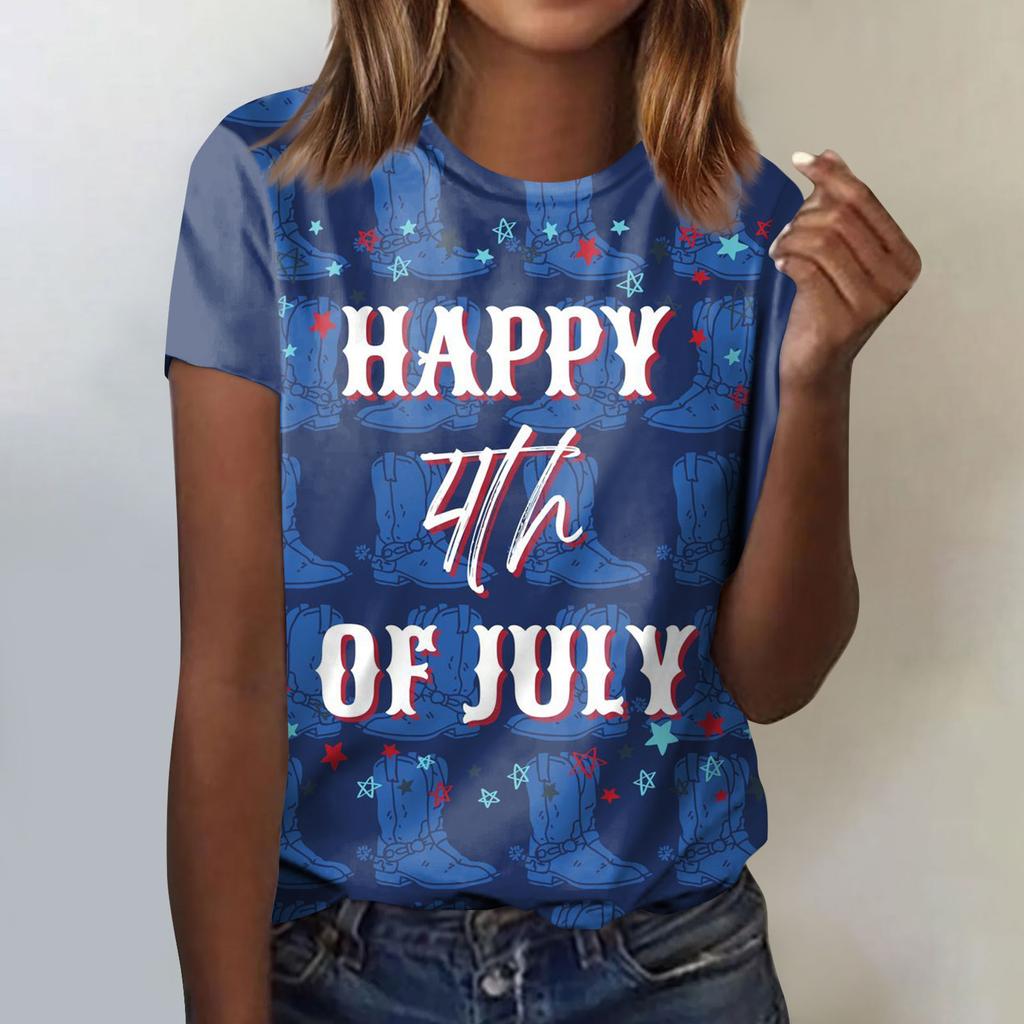 Women's Fashion Casual Independence Day Printed Round Neck Short Sleeve T-Shirt Top