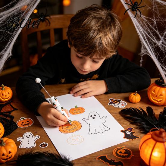 Smooth Writing Beaded Pens Halloween Rhinestone Beadable Pen, DIY Sparkly Cat Pumpkin Ghost Plastic Handmade Gift Glitter Black Ink Ballpoint Pen for