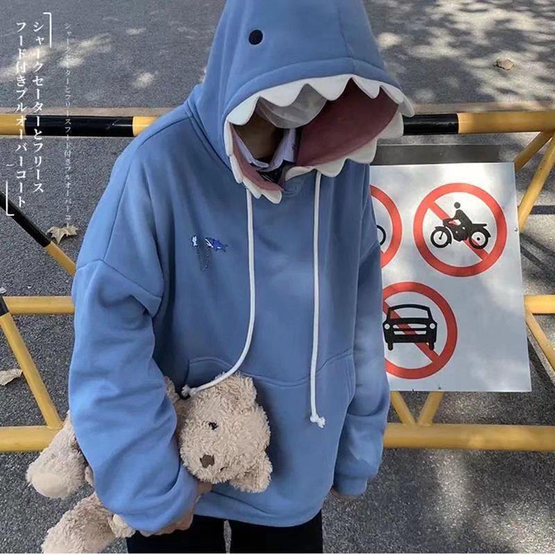 

2022 Autumn/Winter Shark Hat Sweatshirt: Unisex Velvet-Lined Loose Fit, Fun Design for Couples and Students L синій