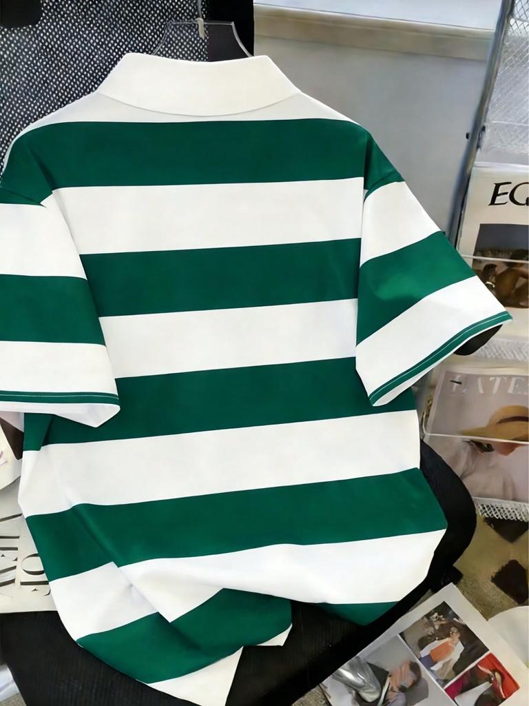 Boys' Casual Preppy Style Classic Everyday Versatile Color-blocked Striped Collar Short-sleeved Polo Shirt for Spring and Summer