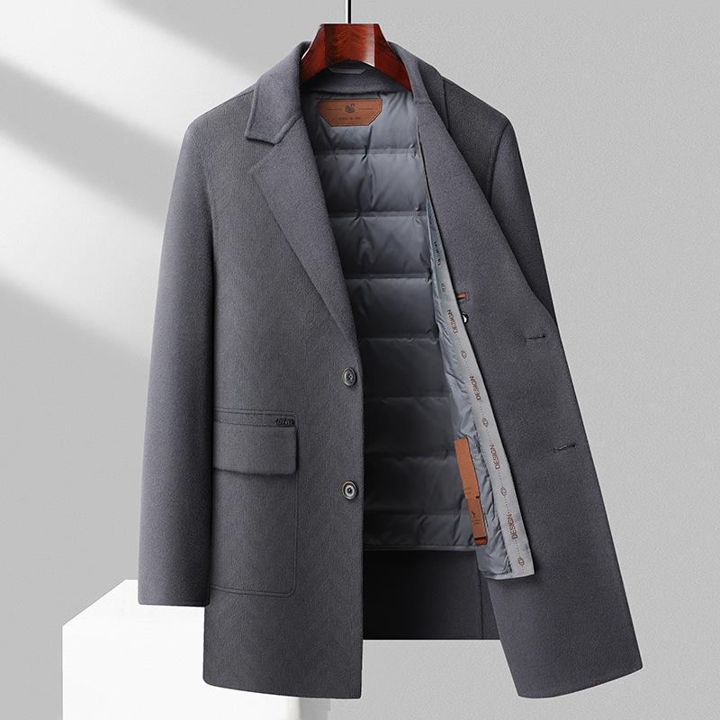 Autumn and Winter Burnt Flower Craft 100% Wool Double-sided Denim Coat Men's Removable Goose Down Lining Woolen Coat