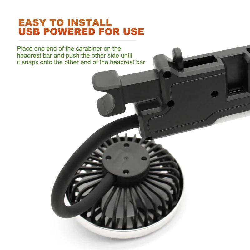 Backseat Car Fan Dual Head Hose Car Seat Fan With Led Light 3 Speeds 360° Rotatable Vehicle Cooling Fan USB Independent Switch