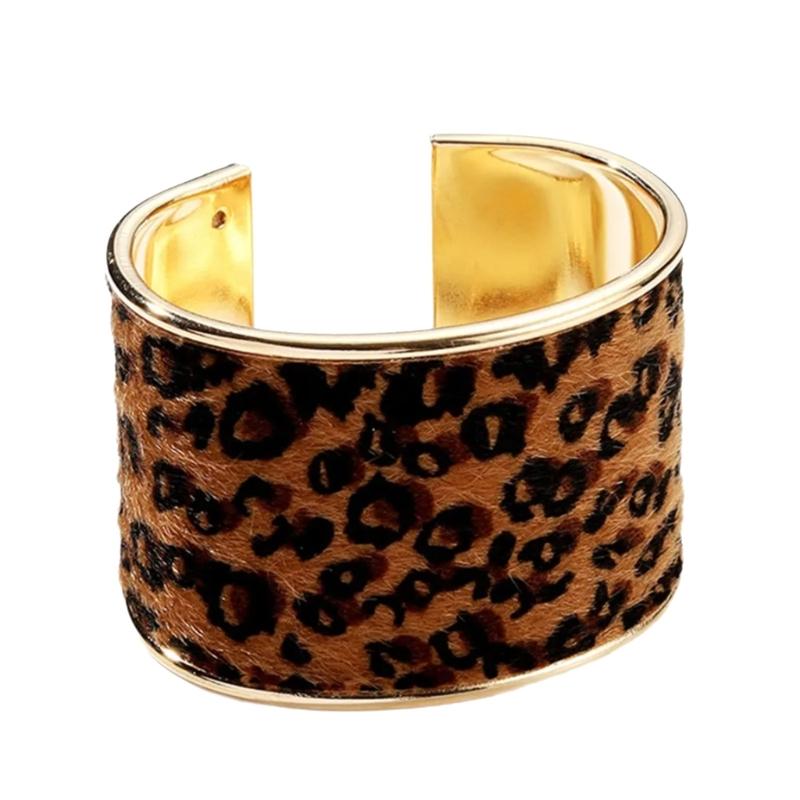 Stylish Leopard Print Open Bangle Adjustable Wide Cuff Bracelet Flocking Texture Comfortable Alloy Fashion Accessory