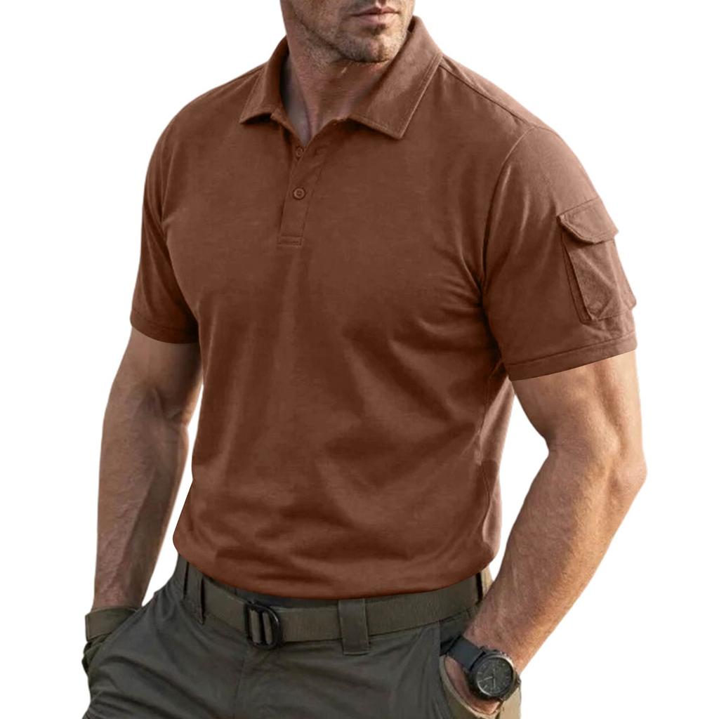 Men's Tactical Polo Shirt Short Sleeve Military Style Casual Shirt with Button Collar and Sleeve Pocket for Outdoor Work