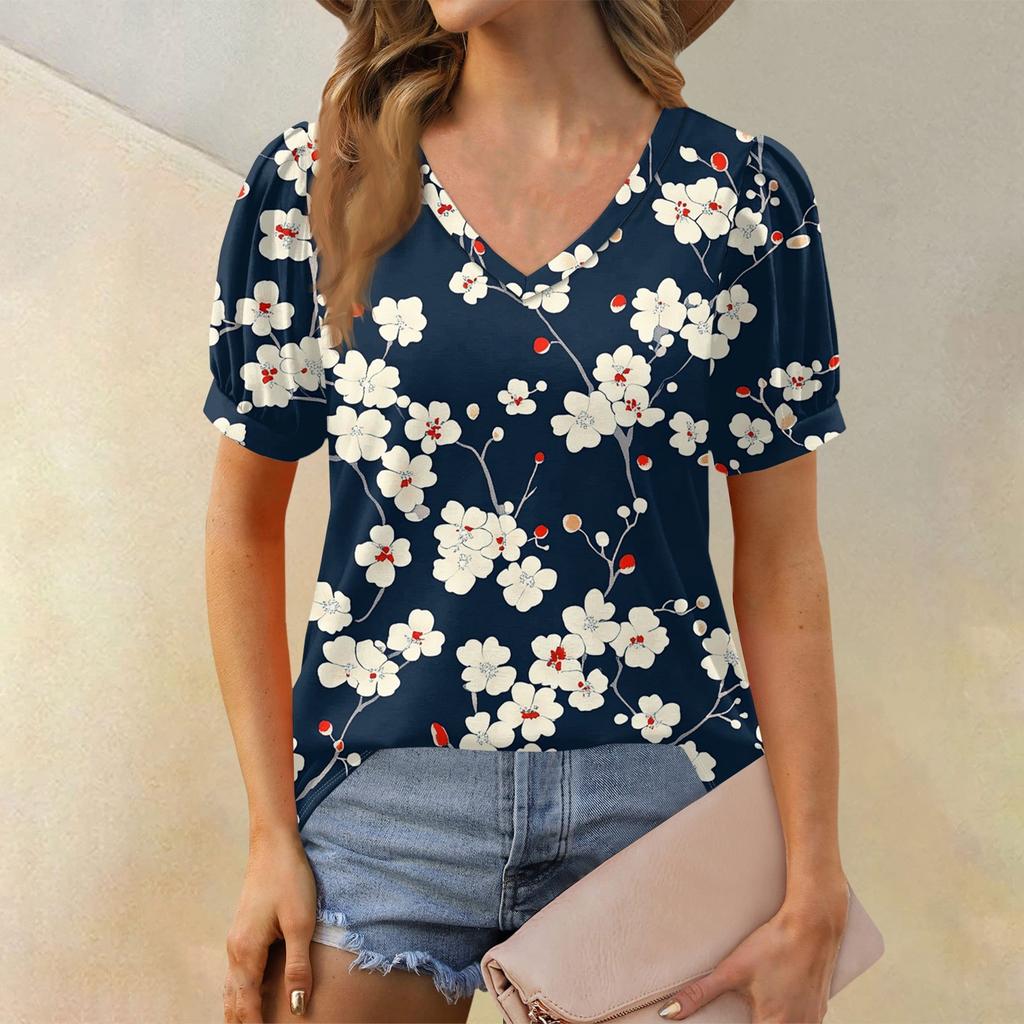 Dámská móda Květinový potisk Top Krátký balónkový rukáv Výstřih do V Volné ležérní tričko