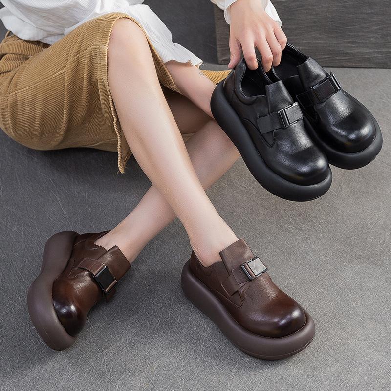 Fashion GKTINOO Spring Autumn Thick Soled Women's Shoes Genuine Leather British Style Big Toe Flat Platform Shoes Retro Slip-On Shoes