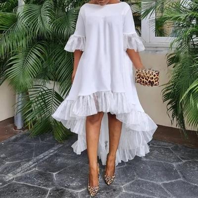 Sommer Streetstyle Locker Lässig Einfarbig Unregelmäßig Spitze Patchwork Robe Damen Kurzarm Urlaubs-Kleid Vestidos
