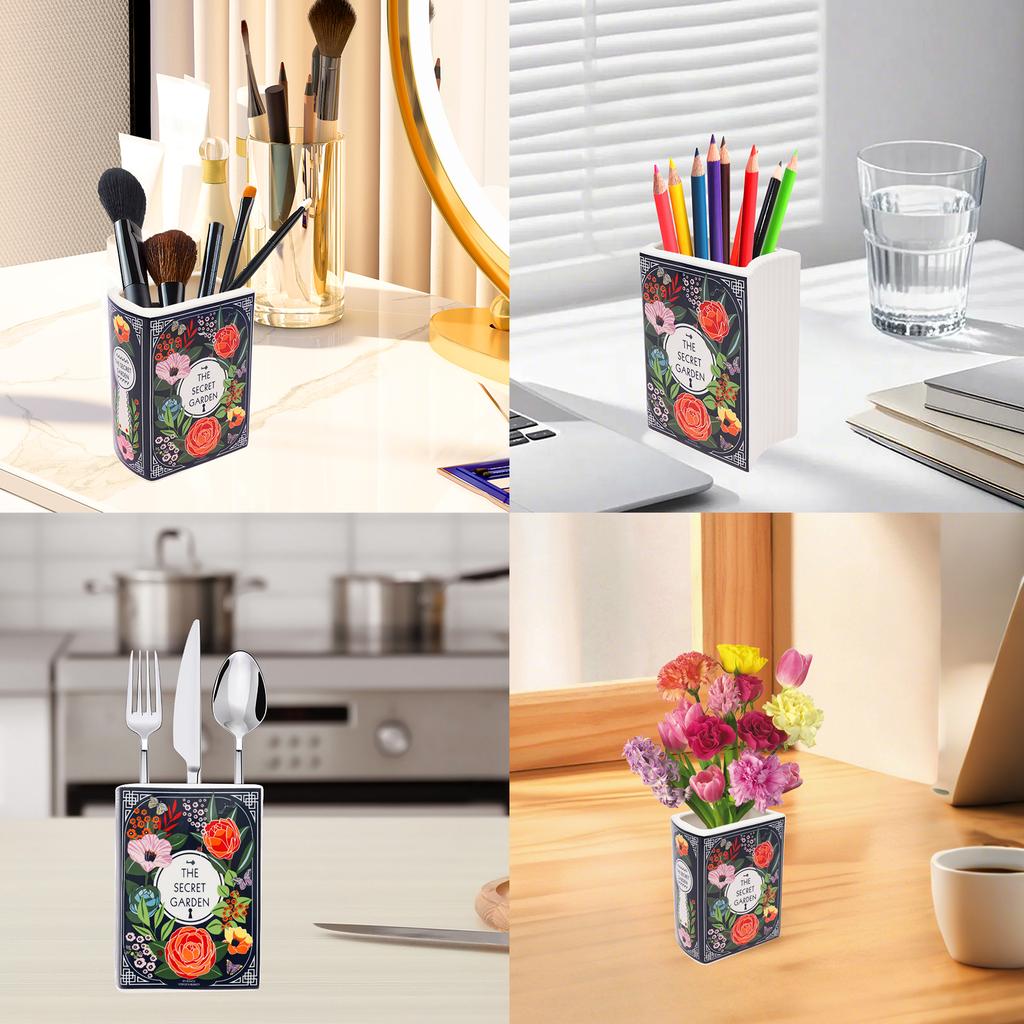 1Pc Book Shape Decorative Vase Ceramic Book Vase Handmade Flower Vases Multi-purpose Storage Box for Office Room Home Decoration