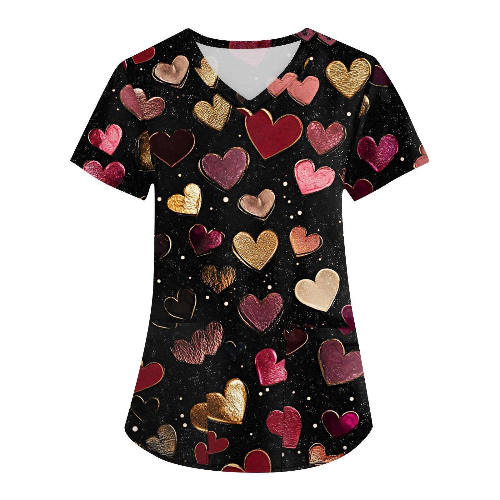 

Женская мода, рабочая одежда с v-образным вырезом, короткими рукавами и карманами, топы с принтом ко Дню святого Валентина XXXXL чёрный