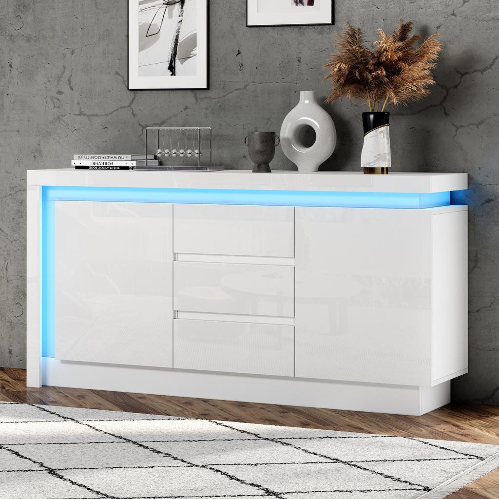 Credenza 140*35*72cm, Cassettiera per Camera da Letto, Soggiorno, con 3 Cassetti, Ripiani Regolabili e 2 Ante, Mobile Laccato Lucido con LED, Bianco