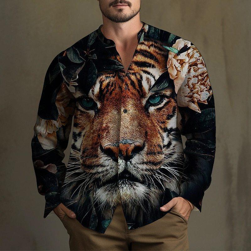 Tiger, Flower Pattern Long Sleeve Shirt Men's Spring and Autumn Trend Loose Casual Shirt Men's Autumn Clothing MB12