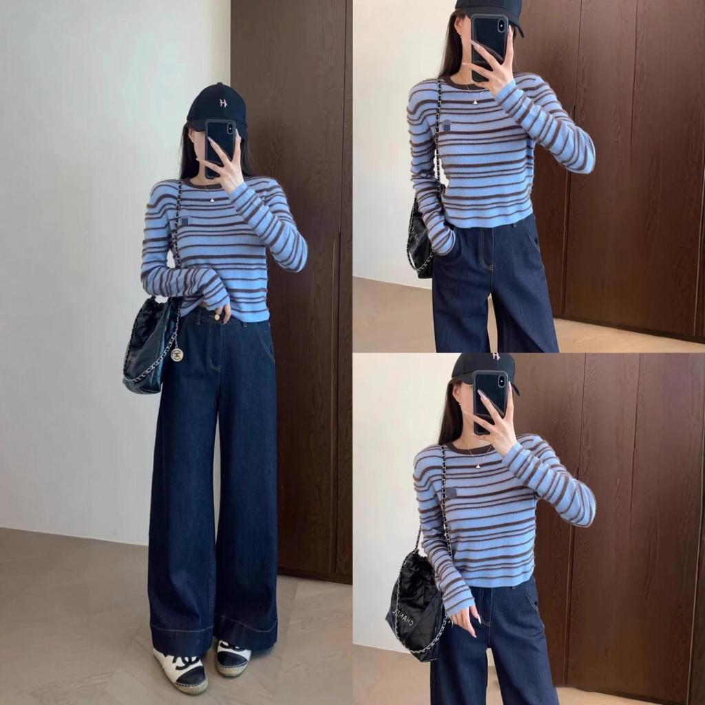 2025 Podzimní pruhovaný colorblockový vlněný úpletový slim svetr pro ženy