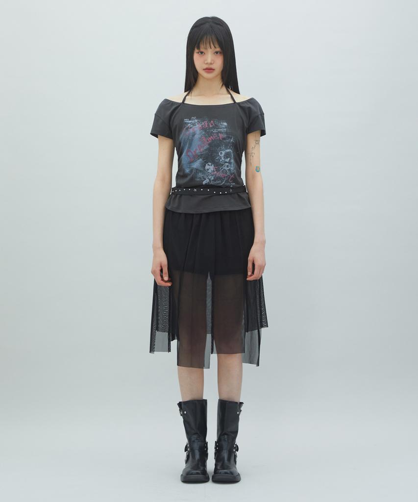 LALAFOX Mesh Layered Midi Skirt Black Br2Ws006