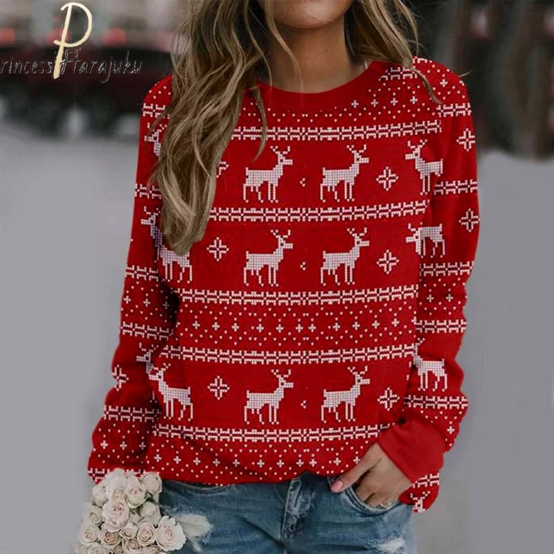 Weihnachtsdruck, langärmelig, lässig, Sweatshirt, Bluse, Pullover, Weihnachten, Strickpullover, Pullover, Top, Pullover, Damen-Sweatshirt
