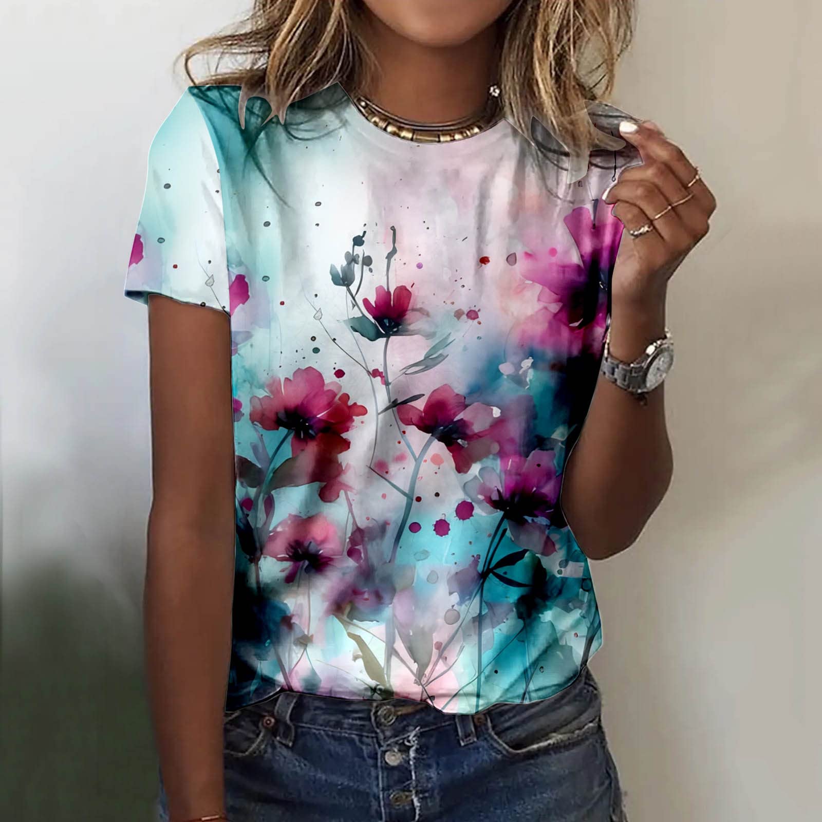 

Милые футболки с цветочным 3D-принтом, повседневные футболки с круглым вырезом и коротким рукавом, одежда-пуловер в стиле харадзюку, женские футболки XS