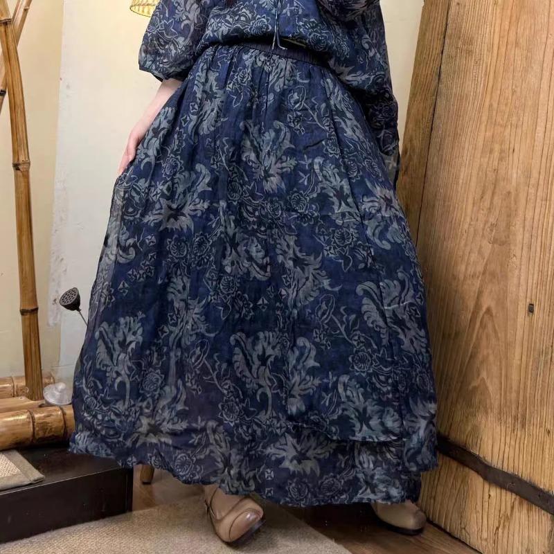Women s Ethnic Paisley Print Elastic Waist Maxi Skirt M синий