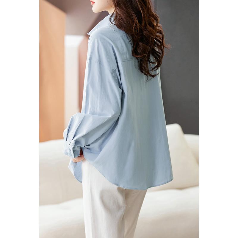 Blue Pure Cotton Blouse for Women Long-sleeved Spring Updated Relaxed Fit Leisure Mid-length Top Versatile Blouse