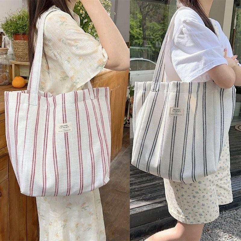 Fashionable Korean Large Capacity Striped Canvas Tote Bag For Spring Summer
