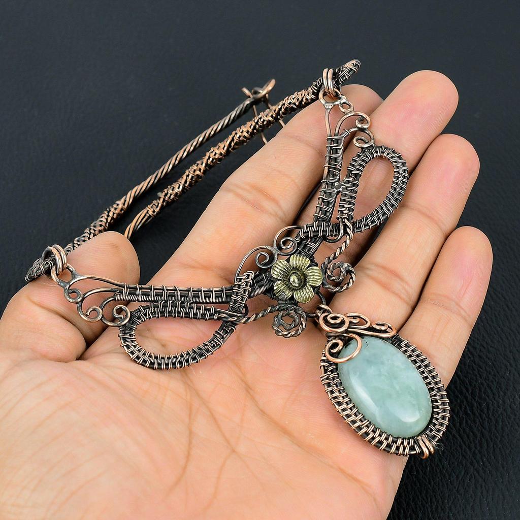 Aquamarine Handmade Gemstone Necklace, 999 Copper Wire Wrapped Necklace Antique Jewelry, For Engagement Gift