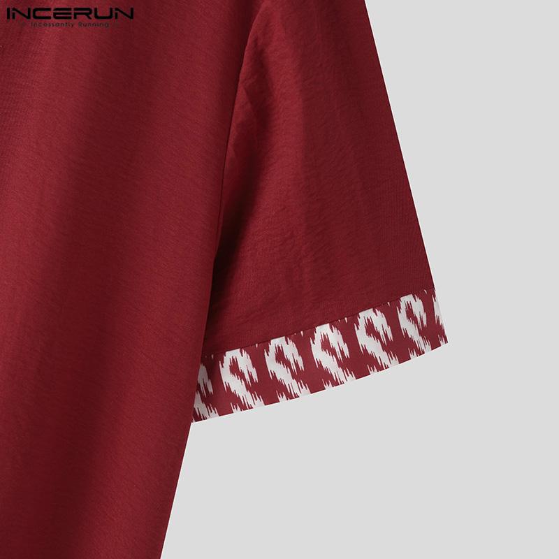 INCERUN Men Stand Collar T Shirt Vintage Printed Short Sleeve Tops