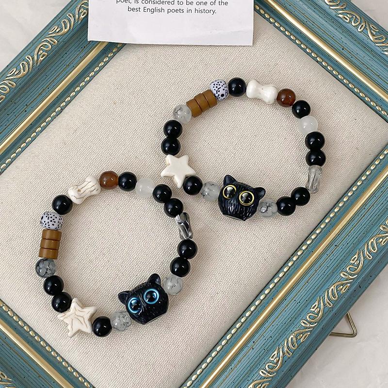Cute Black Cat Beaded Bracelet For Women Men Black White Beads Cartoon Animal Couple Bracelet Trendy Jewelry Lovers Gift