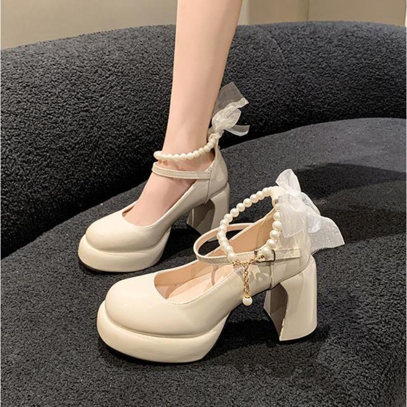 Fashion Mary Jane Shoes Women's Spring New Ultra-high Heel Pearl Chain Platform Block Heel Wedding Shoes Pumps Pearl Buckle Lolita Shoes