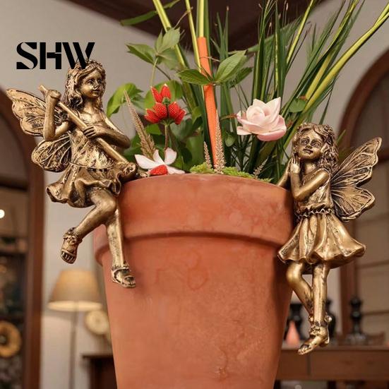 European Pastoral Garden Decor 2Pcs/Set Planter Flower Fairy Figurines, Retro Resin Butterfly Wing Micro Landscape Ornaments Statues, Cute Hanging