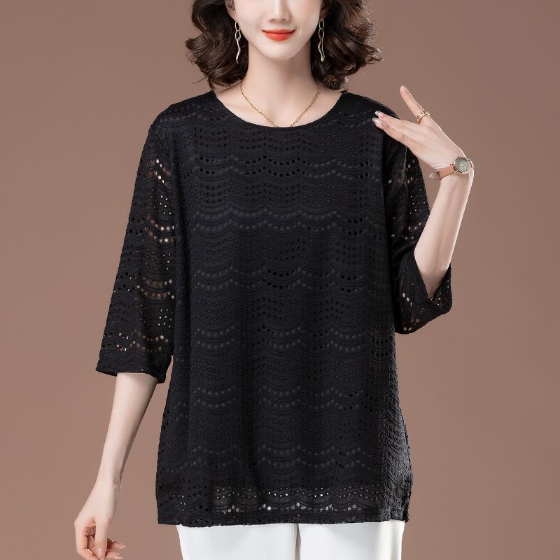 Haut en dentelle à manches sept-huitièmes: Été Grande Taille Coupe Ample pour Femmes d'Âge Moyen, Manches Moyennes Évidées à la Mode