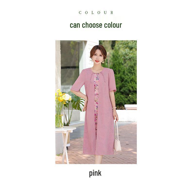 Mom's Summer New Chinese Short Sleeve Plus Size Chiffon Dress for Middle-Aged & Elderly Women - National Style Belly Cover