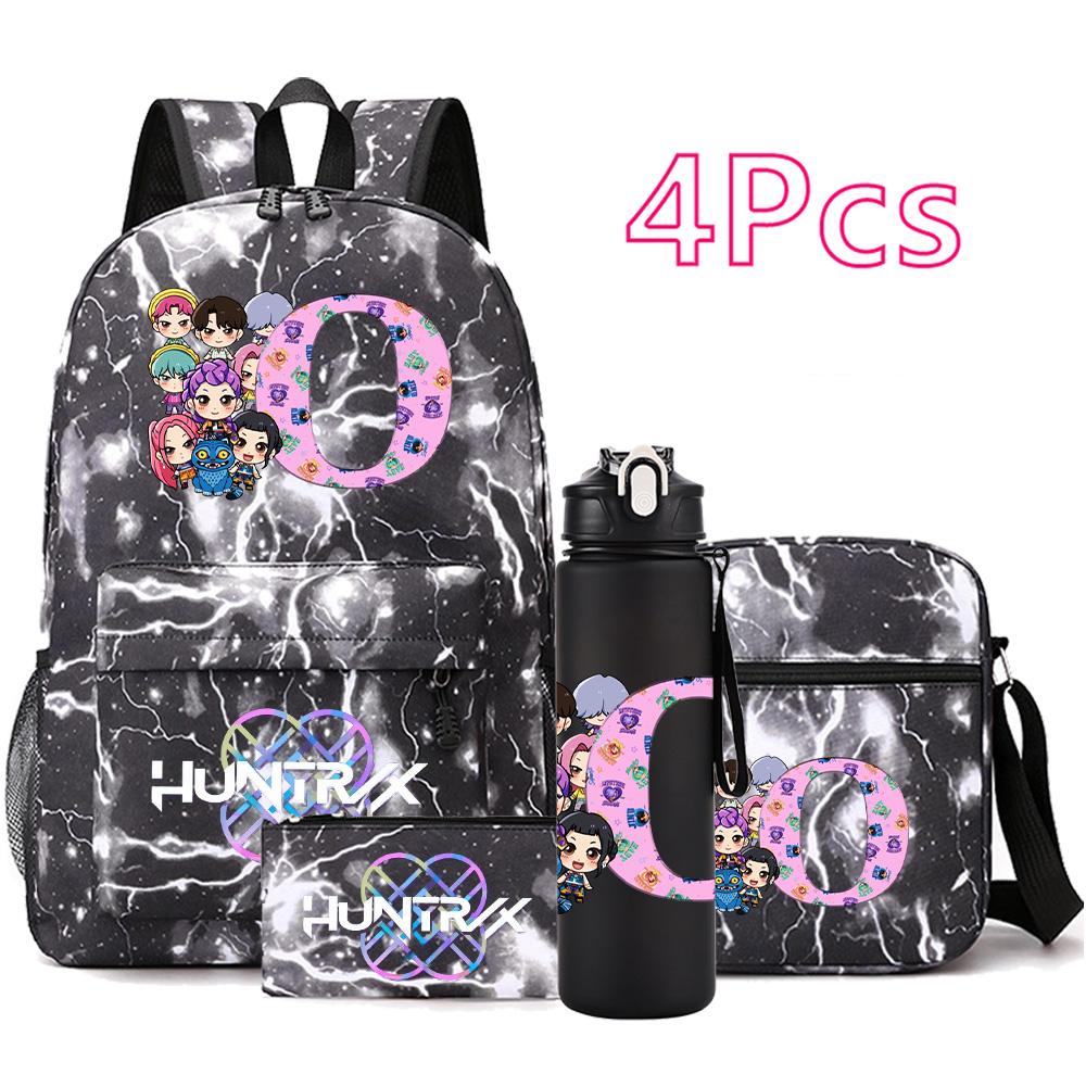 4Pcs/set 26 English Letter KPop Printed Backpack with 750Ml Water Bottler for Teenager Student Girl Boy Bookbag Kid Gift Large Capacity Travel Bag
