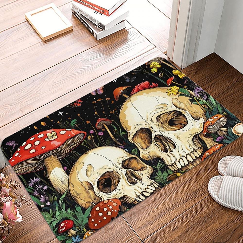 Aesthetic Mushroom Skull Printed Kitchen Carpet Living Room Dining Room Laundry Floor Mat Bath Balcony Hallway Non-Slip Door Mat