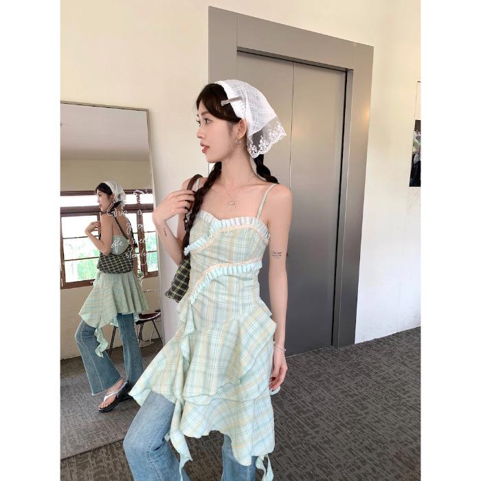 

Niche dress summer new irregular dress green plaid fresh age-reducing skirt women XL зелений