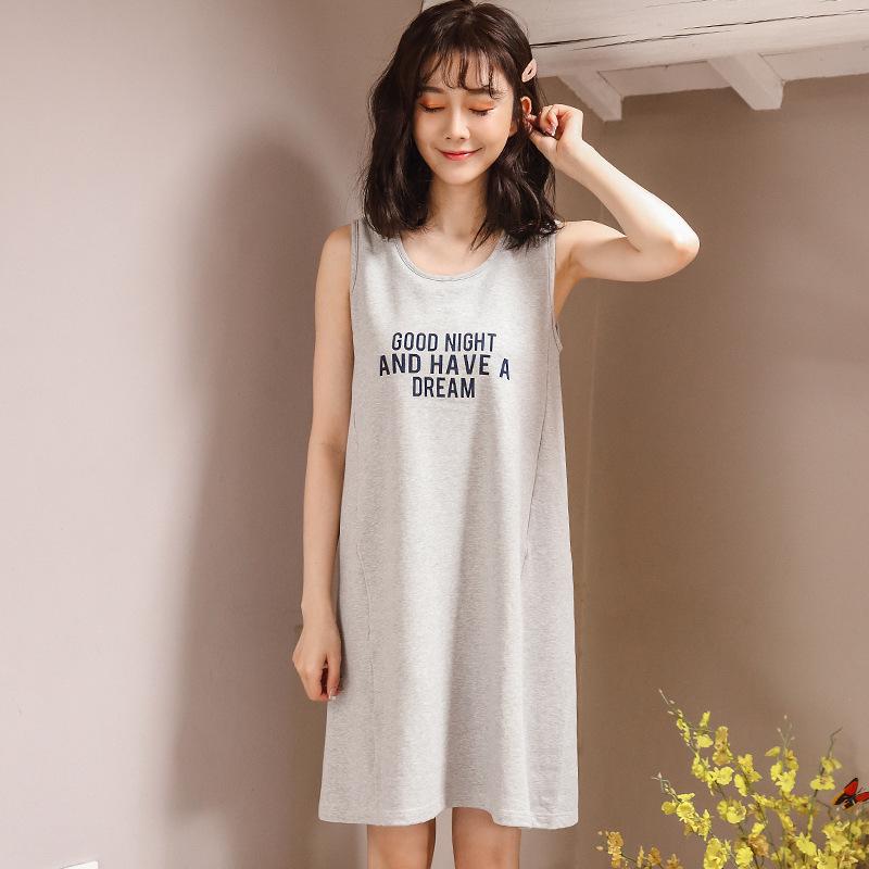 Cute Cartoon Summer Cotton Nightgown with Removable Pads for Women
