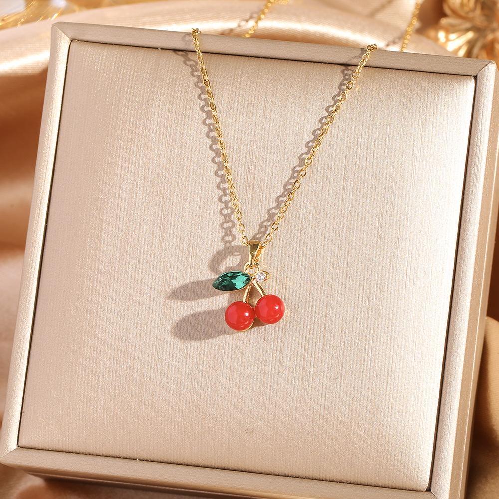Fashion Zircon Cherry Pendant Titanium Steel Necklace Women's Collarbone Chain Jewelry