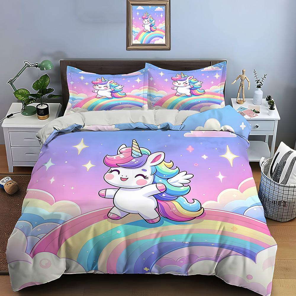 Cute Cartoon Unicorn Print Bedding Set Duvet Cover 1 Duvet Cover 2 Pillowcases Adult And Kids Bedding Set Luxury Holiday Gifts
