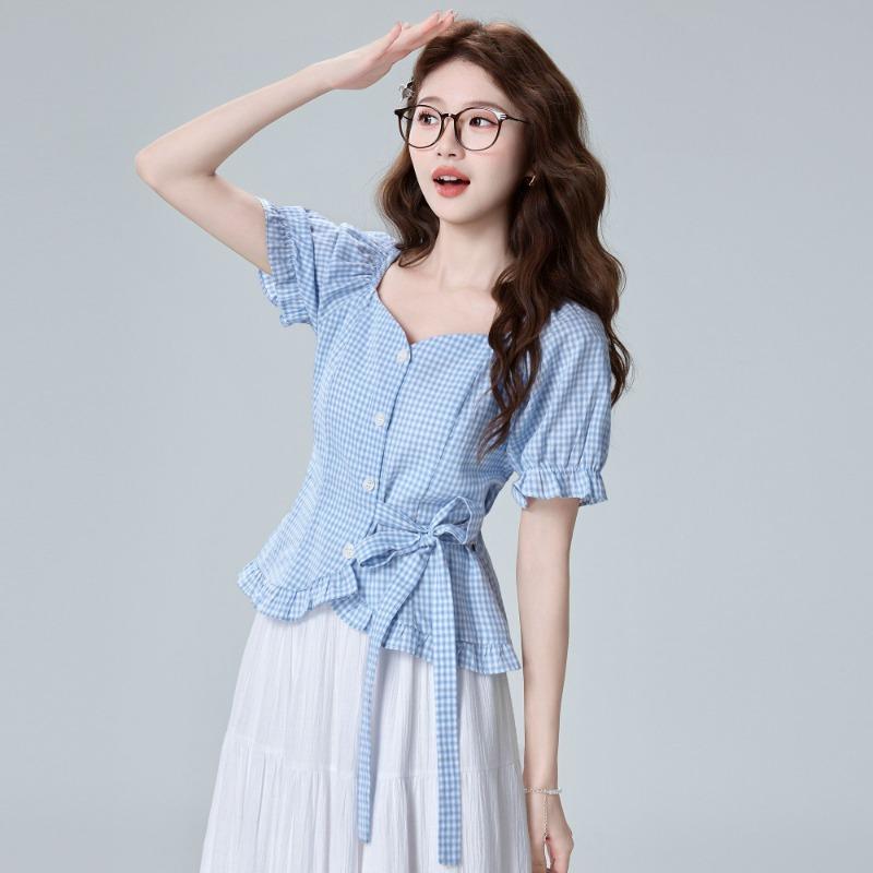 Women s Blue Plaid Square Neck Puff Sleeve Cinched Waist Blouse S синий