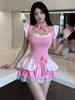 Rochie de vară nouă pentru femei, sexy, dulce, stil prințesă, uniformă, fără spate, decolteu adânc, mânecă clopot, bordură din dantelă cu fundă, contrast roz alb Hsl1