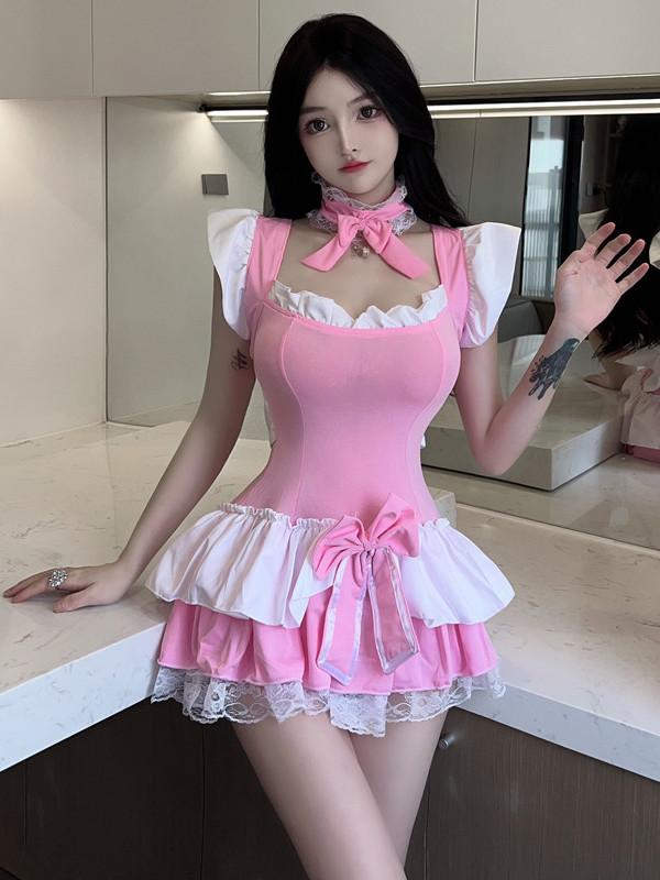 Rochie de vară nouă pentru femei, sexy, dulce, stil prințesă, uniformă, fără spate, decolteu adânc, mânecă clopot, bordură din dantelă cu fundă, contrast roz alb Hsl1