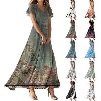 Damen Sommer Casual Fashion Print Farbe Kleider V-Ausschnitt Kurzarm Kleider