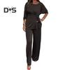 2 Pcs/Set Women Top Pants Suit Round Neck Long Sleeves Lace-up Pleated Blouse Elastic Waist Wide Leg Trousers Daily Wear Outfit Fall Spring Tracksuit