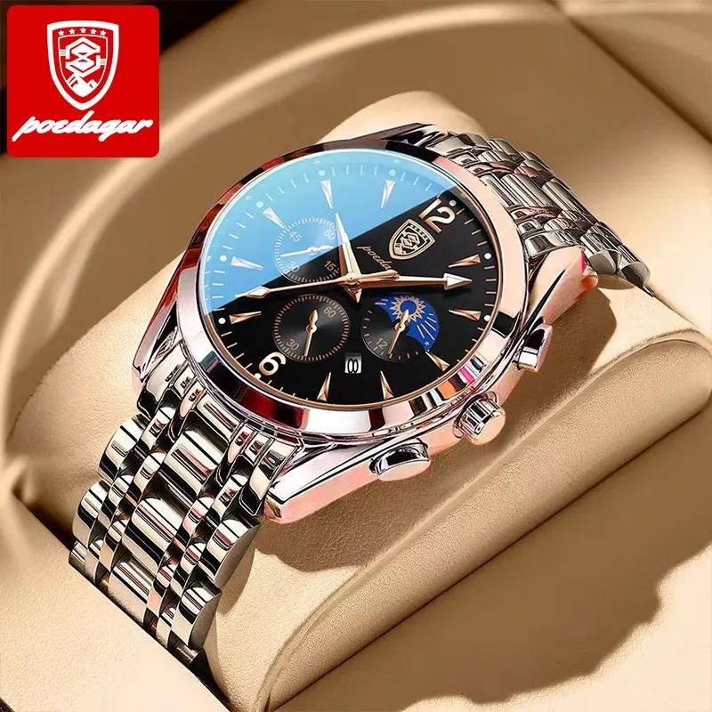 Poedagar 829 Luxury Men Watch Chronograph Quartz Stainless Steel Band Waterproof Luminous Hands Casual Business Wristwatch